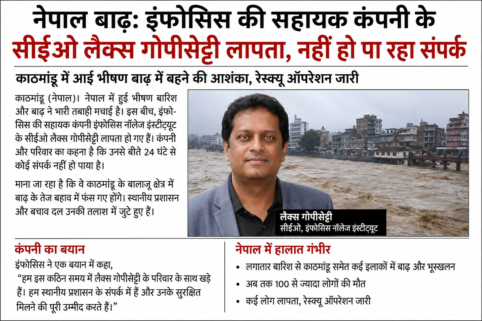 नेपाल बाढ़ में इंफोसिस की सहायक कंपनी के CEO लैक्स गोपीसेट्टी लापता नेपाल बाढ़ में इंफोसिस की सहायक कंपनी के CEO लैक्स गोपीसेट्टी लापता