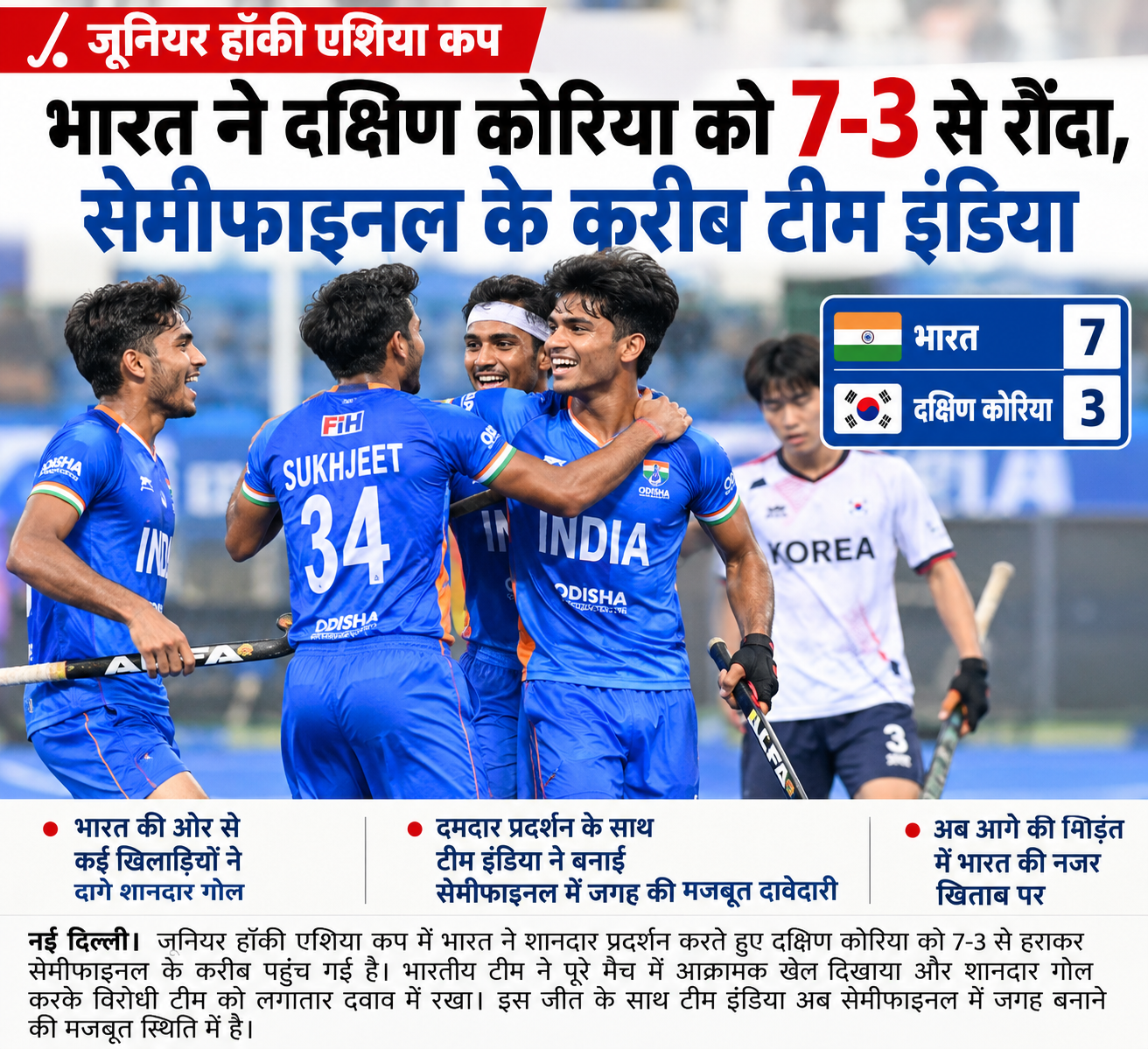 जूनियर हॉकी एशिया कप: भारत ने दक्षिण कोरिया को 7-3 से रौंदा जूनियर हॉकी एशिया कप: भारत ने दक्षिण कोरिया को 7-3 से रौंदा