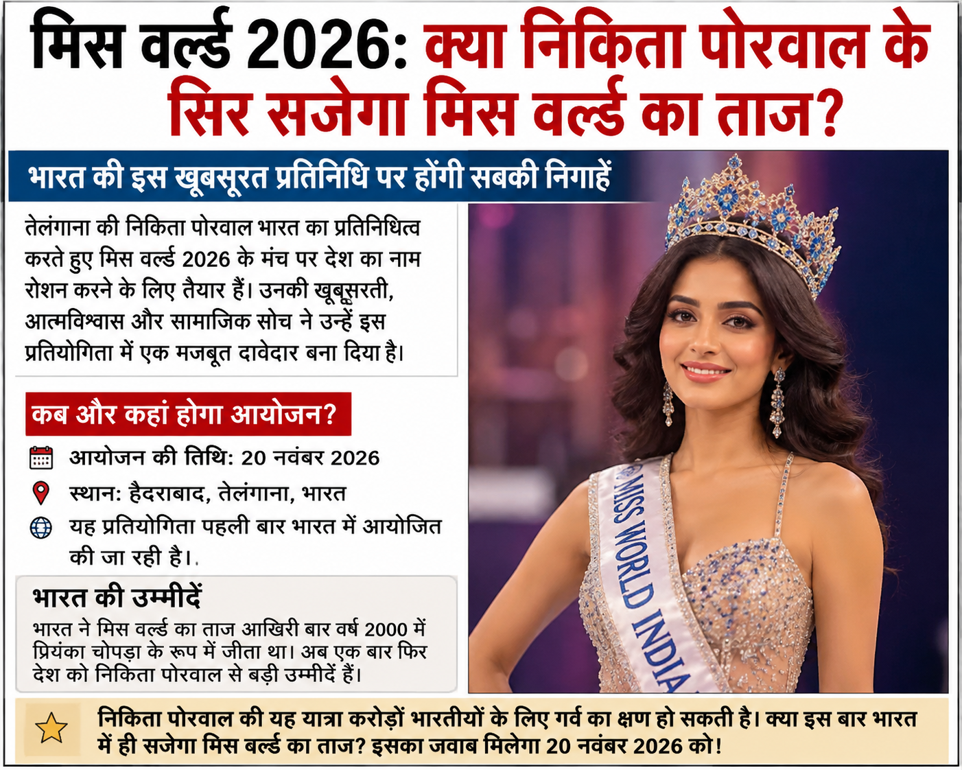 मिस वर्ल्ड 2026: क्या भारत की निकिता पोरवाल रचेंगी इतिहास? ताज पर टिकीं देश की नजरें मिस वर्ल्ड 2026: क्या भारत की निकिता पोरवाल रचेंगी इतिहास? ताज पर टिकीं देश की नजरें